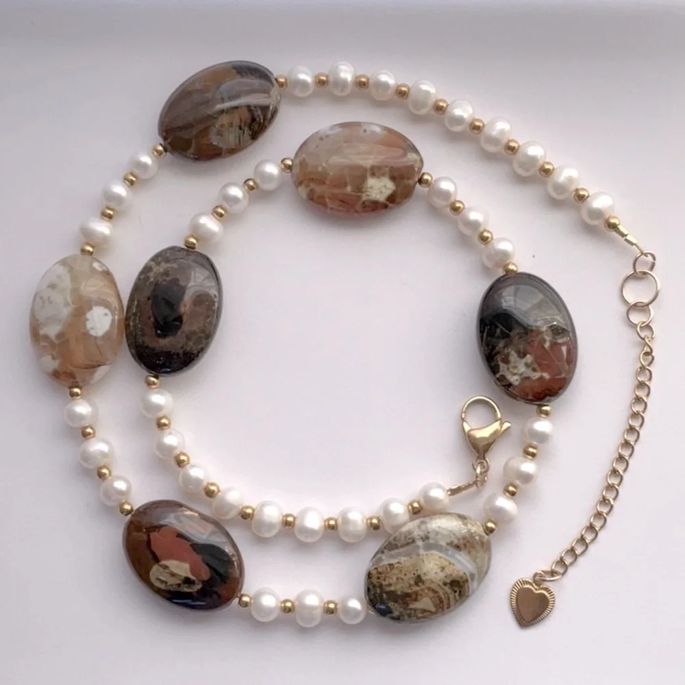 🟥Brand New Pearl & Flower Agate Necklace Handcrafted